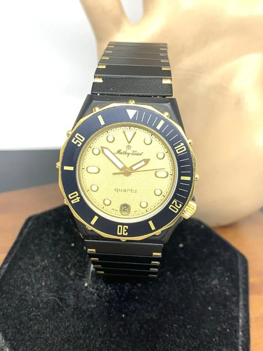Mathey-Tissot Watch Vintage Diver Swiss Quartz Gold Black Stainless Steel 32.5mm